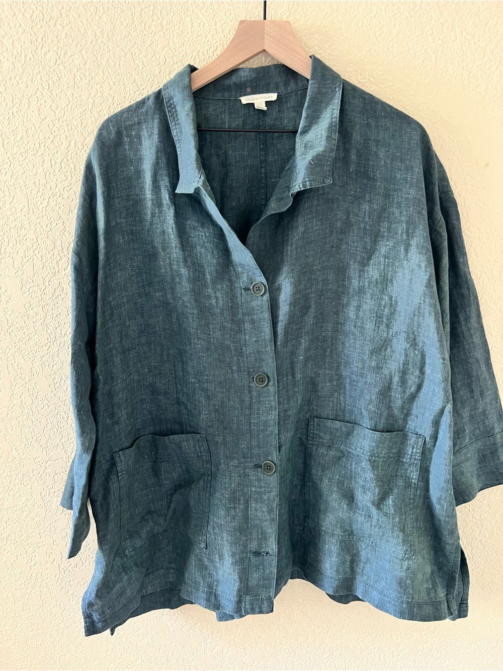 Eileen Fisher Teal-Green Washed Linen Button-Down Shirt